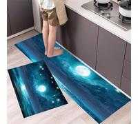 Blue Moonlight Kitchen Rugs Non Skid Washable Mats Set of 2 PCS, Ocean Night Sky Absorbent Runner Rugs for Kitchen, Front of Sink,Sink Laundry, 40x60cm+40x120cm Dark Blue