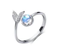 Blue Moonstone Mermaid Tail Open Ring for Women, Adjustable Sterling Silver 925 Wrap Finger Band with CZ Accents, Ocean Themed Engagement Jewellery for Women