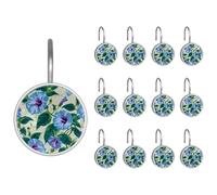 Blue Morning Glory Blossoms Pattern Stainless Steel Shower Curtain Hooks, Silent Glide Rings for Bathroom Use