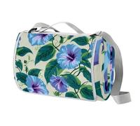 Blue Morning Glory Blossoms Pattern Waterproof Sandproof Outdoor Picnic Blanket - Foldable Tote Design for Beach Camping Hiking, Durable & Easy-Clean Mat