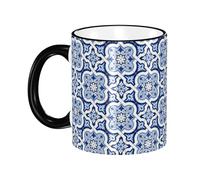 Blue Moroccan Portuguese Ceramic Tile Coffee Mug With Handle Tea Cup Mug Drinking Cups Ceramic Reusable Funny Novelty Coffee Mugs Travel Cup Drinkware Accessories for Home Office Cups Gifts 11oz