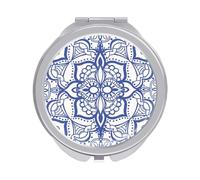 Blue Moroccan Tribal Mediterranean Square tiles Folding Make Up Mirror, Compact 2X/1X Magnification Mirror, Women Portable Travel Makeup Mirror 2.4 x 2.4 inch