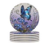 Blue Morpho Myosotis Ceramic Coaster Absorbent Drink Coaster with Cork Backing Pads Round Ceramic Cup Mats Heat-Resistant Coaster for Beverages Home Kitchen Party Table Decor 6PCS