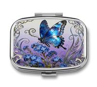 Blue Morpho Myosotis Pill Box 2 Compartments Portable Travel Pill Case Mini Medicine Organizer for Pocket Purse Metal Waterproof Medicine Container Holder Vitamin Fish Oil