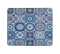 Blue Mosaic Square Desk Mouse Pad, Decorative Pattern Stitched Edge Mousepad, Rubber Non-Slip Washable Gaming Mouse Pad for Home and Office Computer, Laptop Square 8x10 Inch