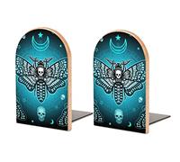 Blue Moth Dead Head, Mystical Circle, Skull, Moon, Stars Occultism Book Shelf Holder, Bookends Book Stand for School Home Office Desks Library Books Movies DVDs Files Magazines S