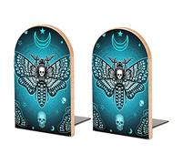 Blue Moth Dead Head, Mystical Circle, Skull, Moon, Stars Occultism Book Shelf Holder, Bookends Book Stand for School Home Office Desks Library Books Movies DVDs Files Magazines M