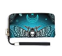 Blue Moth Dead Head, Mystical Circle, Skull, Moon, Stars Occultism Long Clutch Wallet, Long Handbag with Removable Wristlet Strap, PU Leather Zip Purse, Credit Pass Case Card-Holder for Men Women