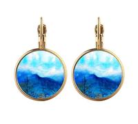 Blue Mountain Painting Art Gold Clip On Drop Earrings Non Piercing Dangle Jewelry