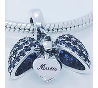 (Blue) Mum I Love You Heart Charm for Pandora Bracelet or Necklace. 925 Sterling Silver Pendant