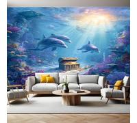 Blue Mural Wallpaper Ocean Dolphin Coral Reef Photo Wallpaper 3D Effect 200 x 140 cm Non-Woven Wall Mural Home Bedroom Living Room Tv Background Poster Decoration