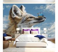 Blue Murals Photo Wallpaper Animal Fox and Butterfly Non-Woven Premium Art Print Fleece Wall Mural Poster Picture Design Modern Boy Girl Bedroom Home Decor 350 x 256cm