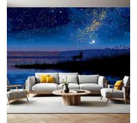 Blue Murals Photo Wallpaper Deer Under The Starry Sky Non-Woven Premium Art Print Fleece Wall Mural Poster Picture Design Modern Boy Girl Bedroom Home Decor 350 x 256cm