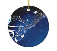(Blue Music) Round Ceramic Christmas Ornament Hanging Double-Sided Printed Xmas Tree Pendant for Holiday Party Home Decor