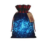 Blue Musical Notes Print Christmas Party Gift Bags, Linen Drawstring Xmas Holiday Wedding Treat Candy Jewelry Sacks, Color Blocking Plaid Fabric