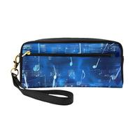 Blue Musical Notes Printed Leather Makeup Bags with Wrist Strap Portable Travel Toiletry Bag Cosmetic Organizer Bag for Women