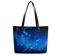 Blue Musical Notes Tote Bag Large Soft Leather Purse with Zipper Lightweight Ladies Shoulder Handbag