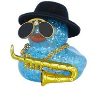 Blue Musical Rubber Ducky Saxophone Duck with Mini Top Hat, Sunglasses & Gold Chain - Easy DIY Car Dashboard Decor Ornament, Squeeze Bath Toy Birthday Gifts Party Favors