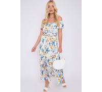 Blue Mustard Floral Print Bardot Maxi Dress Love Sunshine White 10