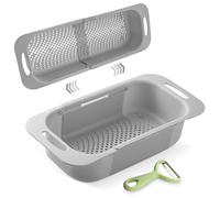 Blue Muumy Extended Long Over the Sink Colander, Wash Vegetables Fruits Collapsible Colander Strainer, 14.5"-19.3" Extendable Kitchen Sink Accessories for Dishes Drying, Vegetable Basket, with Peeler