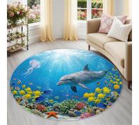 Blue Nature Ocean Round Rug, 120 cm Carpet for Kids Boys Girls | Soft Non-Slip Backing Carpet, Dolphins Tropical Fish Coral Reef Starfish Machine Washable Area Rug Nursery Playroom Bedroom