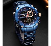 (Blue) Naviforce Mens Fashion Dual Display Watches Stainless Steel Luxury Digital Wristwatch