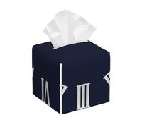Blue Navy Gray Metallic Silver Roman Numbers Square Leather Tissue Box Cover Premium Decorative Organizer with Non-Slip Base for Bathroom Vanity Nightstand Countertop