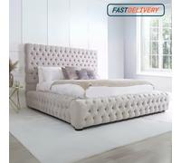 (Blue (No Mattress) , 5ft King (with Gaslift)) Ambassador Bed Frame Chesterfield Mattress & Ottoman Gas Lift Plush Velvet Upholstered