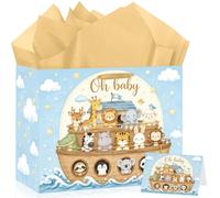 Blue Noah's Ark Gift Bag Decorations Baby Shower Wrapping Bag with Tissue Paper and Greeting Card Baptism Wrapping Paper for Boys Religious Christian Birthday First Communions Christenings Supplies