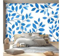 Blue Non-Woven Wall Murals - Hand-Drawn Minimalist Line Art of Leaves Wallpaper for Living Room Tv Backdrop Kids Room Decor, Easy to Install, 150 x 105 cm (W x H)