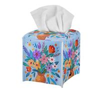 Blue Nostalgic Cheerful Floral Tissue Box Holder Modern Decorative PU Leather Square Tissue Box Cover for Home Office Tissue Cube Organizer for Dining Table Nightstand