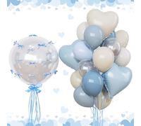 Blue Nude Balloons Heart Mylar Balloons, Happy Birthday Decoration for Men Women, Metallic Light Baby Dusty Blue Silver Balloon 18 in Clear Confetti Heart Shape Foil Balloon as Baby Shower Party Decor