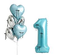 Blue Number 1 Balloon with Black Bowknot, 32" Big Number Balloons with 18" Heart Balloon, Aluminum Foil Coquette Party Decoration for Christmas Girl Boy Birthday Baby Shower Anniversary Party Gifts