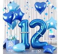Blue Number 12 Balloons, Dark Blue Number 12 Balloons Set, Aluminum Foil Star Heart Balloon With Long Balloon For Boys man 12th 21th Birthday Party 1st 2nd Kid Baby Shower Anniversary Decorations