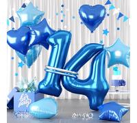 Blue Number 14 Balloons, Dark Blue Number 14 14th Balloons, Blue Foil Star Heart Balloon With Long Balloon For Boys man 14th 41th Birthday Party 1st 4th Kid Baby Shower Bachelorette Decoration