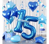 Blue Number 15 Balloons, Dark Blue Number 15 Balloons, 15 Number Balloon Set, Blue Foil Star Heart Long Balloon With For Boys man 15th 51st Birthday Party 1st 5th Baby Shower Anniversary Decorations