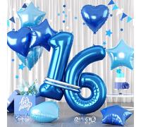 Blue Number 16 Balloons, Dark Blue Number 16 Balloons Set, Aluminum Foil Star Heart Balloon With Long Balloon For Boys man 16th 61th 16 61 Years Old Birthday Party 1st 6th Kid Baby Shower Decorations