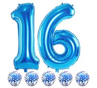 Blue Number 16 Birthday Balloons - 40 Inch Large Foil Number 1 & 6 Balloons with Blue Confetti, Perfect for 16th, 61st Birthdays, Boys, Girls, Men, Anniversary, Baby Showers & Parties