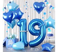 Blue Number 19 Balloons, Dark Blue Number 19 19th Balloons, Bule Foil Star Heart Balloon With Long Balloon For Boys man 19th 9th Birthday Party 1st Kid Baby Shower Anniversary Bachelorette Decor