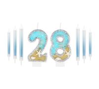 Blue Number 28 Birthday Candle, Blue 28th Birthday Cake Decorations for Boys Girls 28th Birthday Party, Blue Silver Candles Cake Topper for Men Women Birthday Party Decorations Wedding Supplies