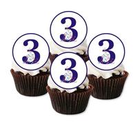 Blue Number 3 Edible Cupcake Toppers - Third Birthday Party Decorations - 24 x 4cm/1.5 Inch Discs (UNCUT)