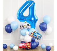 Blue Number 4 Balloon for 4th Birthday Decoration, Transportation Party Decorations for Boys, Blue White Balloons with Car Foil Helium Balloon, for Boys 4th Birthday Vehicles Theme Party Supplies