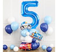 Blue Number 5 Balloon for 5th Birthday Decoration, Transportation Party Decorations for Boys, Blue White Balloons with Car Foil Helium Balloon, for Boys 5th Birthday Vehicles Theme Party Supplies