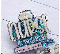 Blue Nurse in Progress Badge Reel Cute Sparkling Glittery Acrylic ID Name Holder with Retractable Clip Hospital Clinic Accessories Appreciation Gift for RN CNA Medical Assistant LPN Nursing Graduate