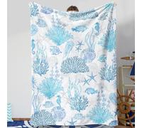 Blue Ocean Beach Throw Blanket Nautical Coastal Bed Blanket Starfish Seashell Coral Blankets Super Soft Flannel Fleece Throw Blanket for Couch Bed Decor “50 x60”