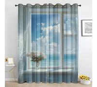 Blue Ocean Blackout Curtains for Bedroom, Seaside Scene Curtain 90 Inch Drop 2 Panels, Nature Window View Curtain for Living Room, Window Curtains with Eyelet Hu706