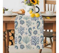 Blue Ocean Coral Seahorse Shell Table Runner 70 Inches Long,Table Runners Kitchen Dining Tables Decoration for Home Party Decor, Watercolor Marine Life on Linen Tables Runner Wedding Dresser Scarf
