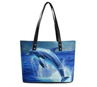 Blue Ocean Dolphin Leather Tote Bag for Women Work Shoulder Purses with Zipper Waterproof Large Computer Shoulder Bag Fashion Ladies Shoulder Handbag Reusable Shopping Bags