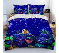 Blue Ocean Duvet Cover Underwater World Fish Coral Reef Comforter Set Turtle Dolphin Animal Theme Quilt Set Nautical Aquarium Bedding for Kids Boy Girl Decor 3Pcs (Color 18,King:220x240cm(3Piece))