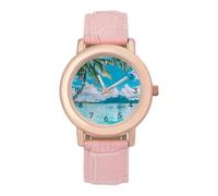 Blue Ocean Palm Trees Women Simplicity Watch with Leather Strap Easy Reader Ladies Wristwatch